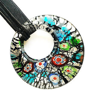 Floral Circle Glass Murano Pendant w/Ribbon